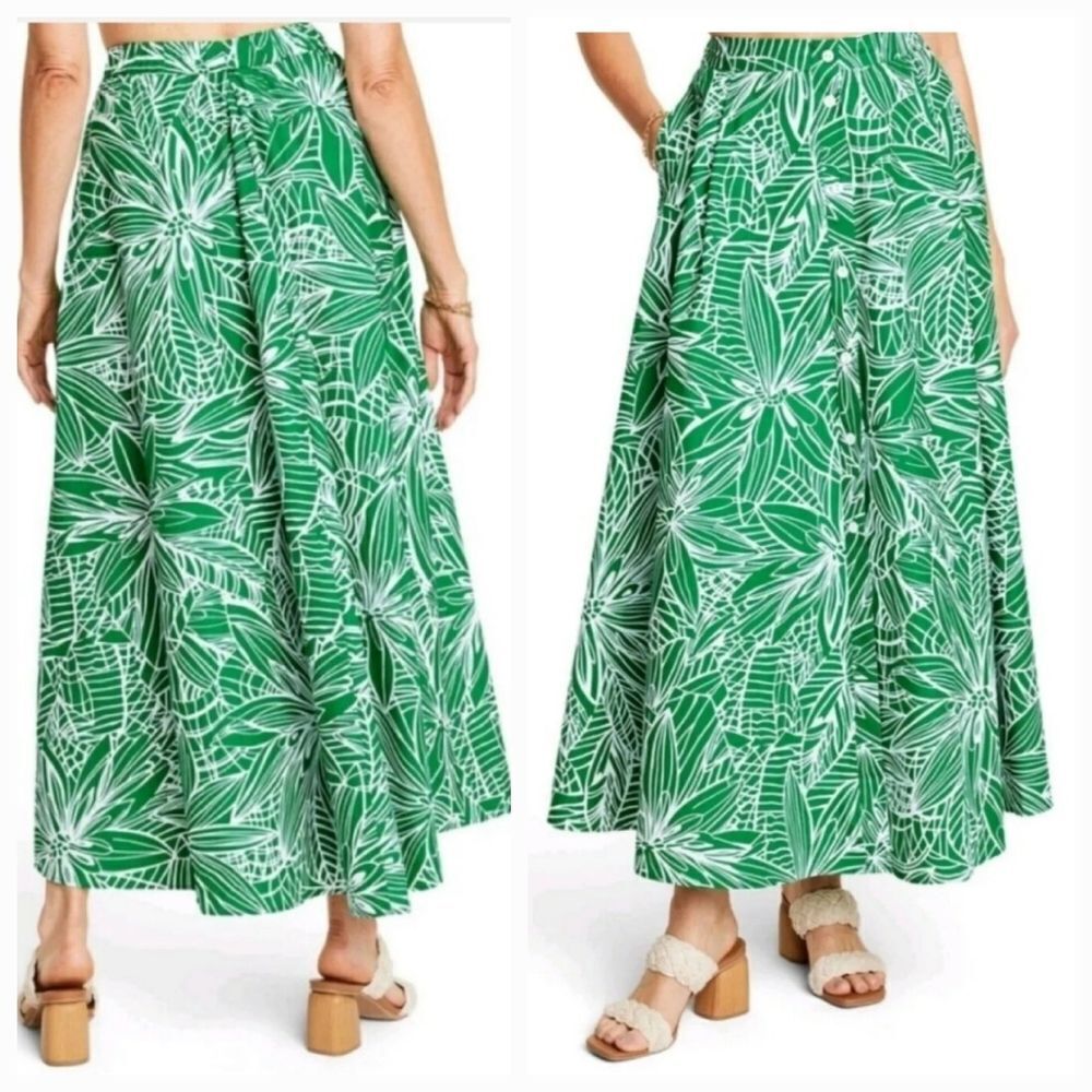 NWT Tabitha Brown 100% Cotton Green A-line Button Front Maxi Skirt Size Small